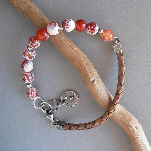 bransoletki srebrne -agat i rzemień-