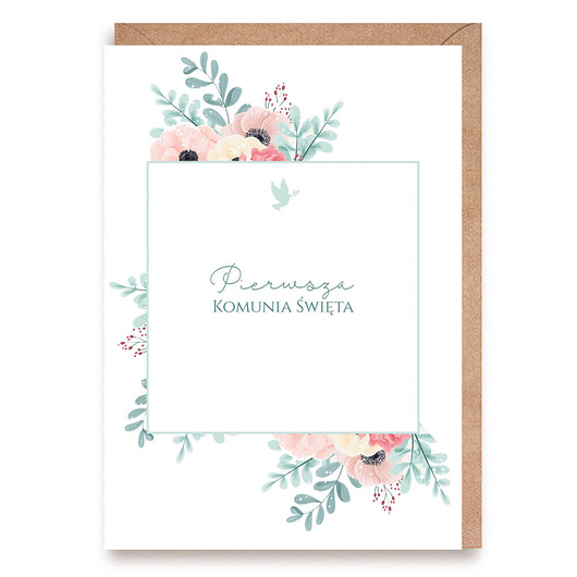 kartki na komunię Kartka na Pierwszą Komunię Świętą kwiatowa ramka