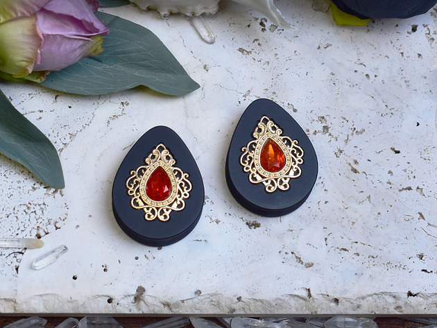 biżuteria różna Tunele do uszu 34-60mm / łezki z wiktoriańską ozdobą i kryształkiem