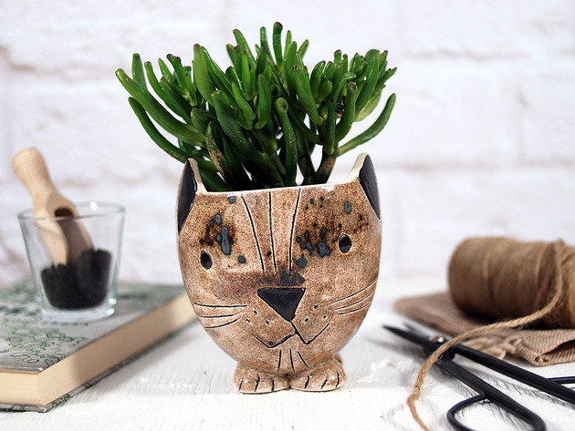 Doniczka ceramiczna średnia - kotek 10FingersArt