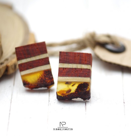 Wood&Amber Kolczyki Padouk/Sosna Maszyneria
