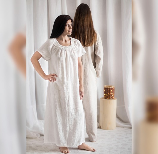 sukienki maxi damskie Lniana koszula nocna w stylu boho / maxi długość / 100% LEN / OVERSIZE