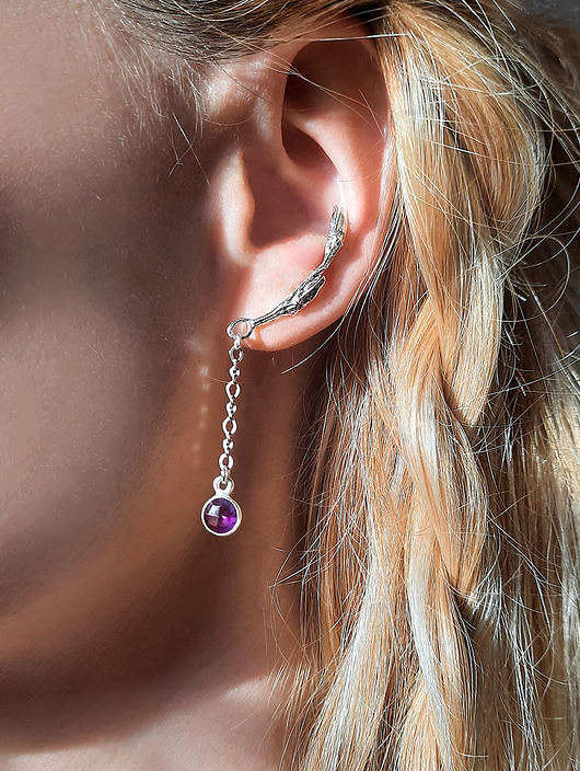 nausznice Kolczyk- nausznica GAŁĄZKA Z AMETYSTEM