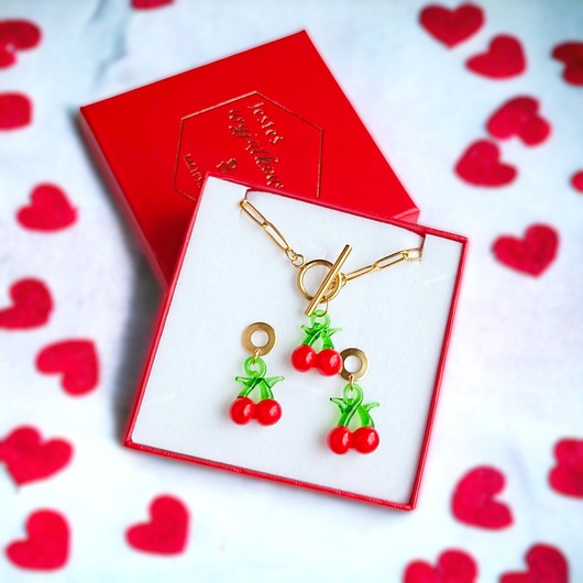 komplet biżuterii KOMPLET : wisienki : naszyjnik zapięcie toggle, kolczyki