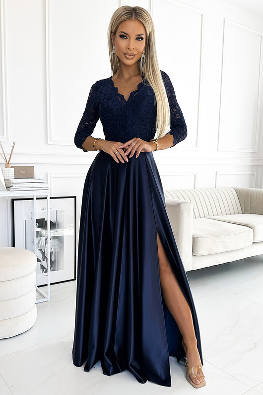 309-7 AMBER elegancka koronkowa maxi satyna suknia z dekoltem - GRANATOWA