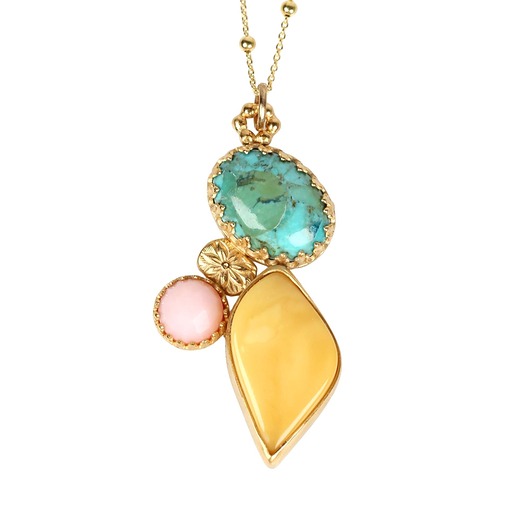 złote naszyjniki Złoty naszyjnik Zinnia z bursztynem, turkusem i opalem różowym
