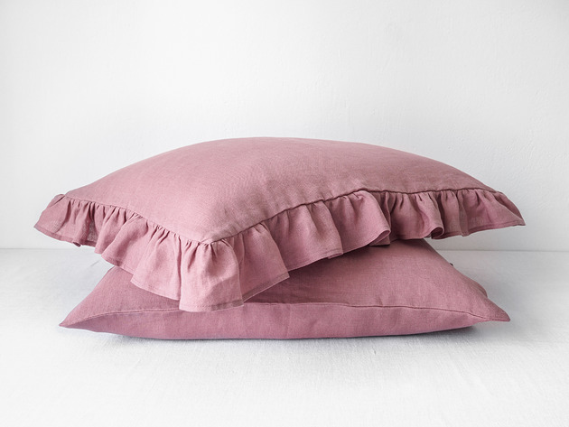 poduszki gładkie Lniana Poszewka Z Falbanką DUSTY PINK
