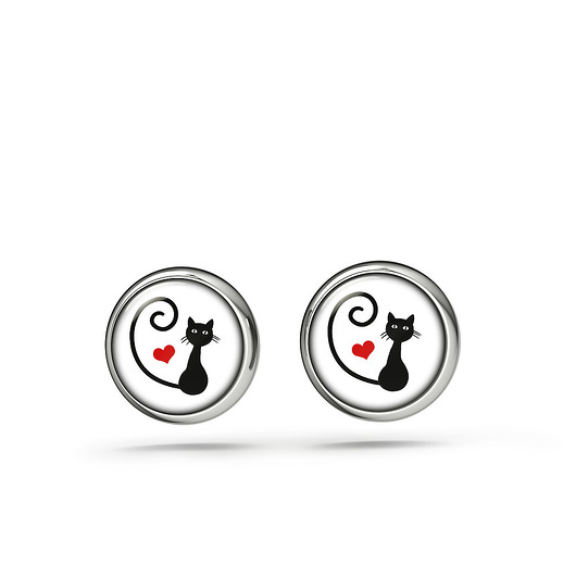 kolczyki szklane Kolczyki sztyfty - Kotek, serce - mini