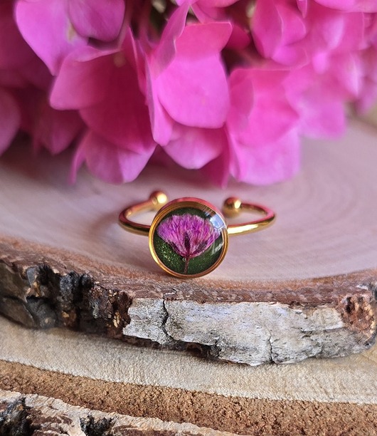 pierścionek z żywicy Pierścionek złoty różowy kwiat prawdziwy żywica dziewczęcy gipsówka