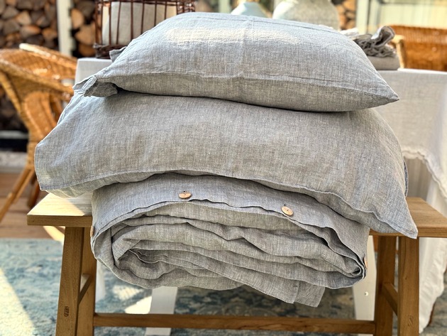 pościel Komplet poszewek z  lnu tkanego w melanżowy splot z białej i szarej przędzy