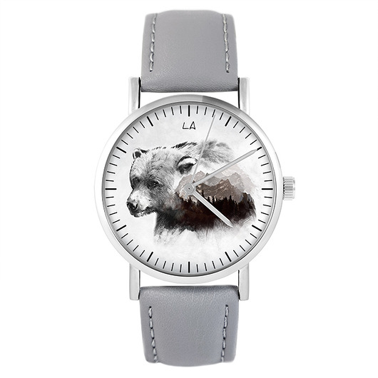 zegarki unisex Zegarek - Niedźwiedź - skóra, szary