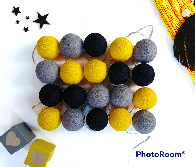 dekoracje świetlne Lampki Cotton Balls 20 led czarno-żółte, świecące kule na baterie