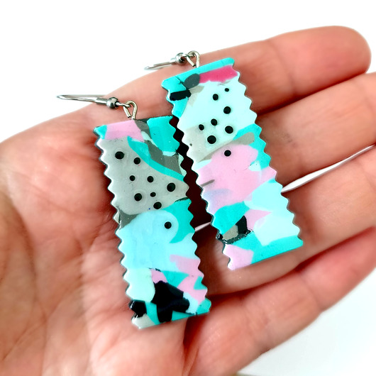 kolczyki z masy plastycznej Turkusowo różowe kolczyki geometryczne