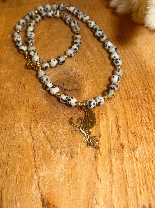 korale Naszyjnik Feniks z jaspisem dalmatyńskim i hematytem