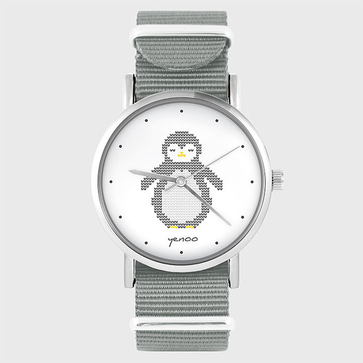 zegarki damskie Zegarek - Pingwin dziergany - szary, nato