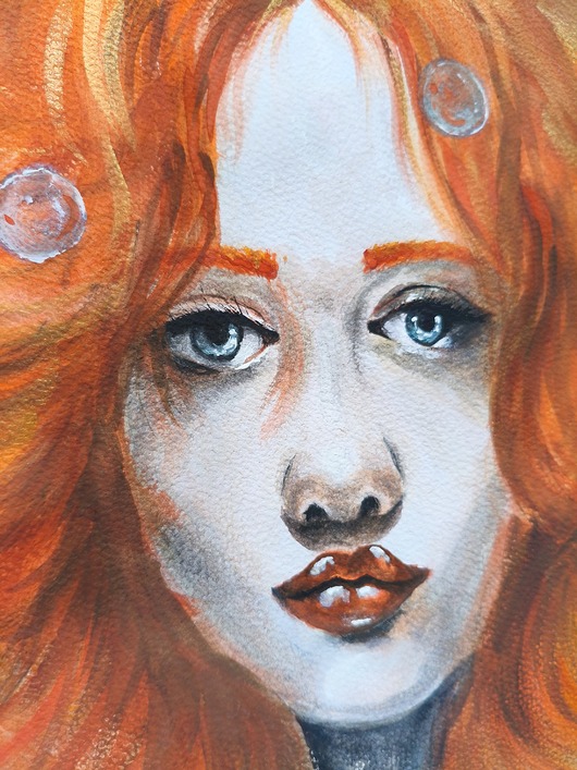 grafiki i ilustracje Portret Syrenka Ariel Akwarela Kobieta Rudowłosa Ruda Bańki Morze 30x42
