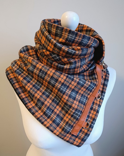 szale damskie Szal wełniany pomarańczowy w kratkę-  unikatowy