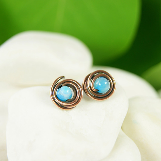 kolczyki wire wrapping Kolczyki niebieskie sztyfty z agatami