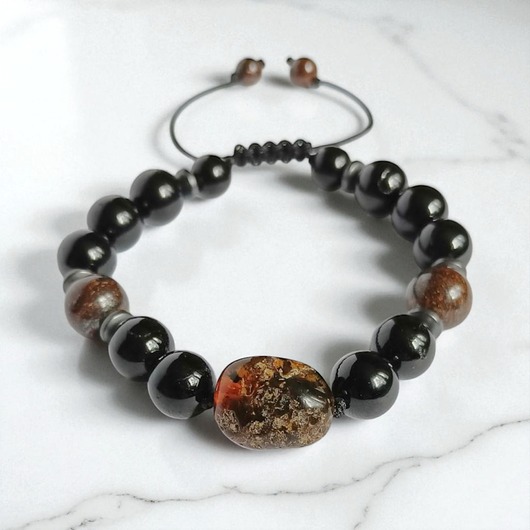 biżuteria męska BURSZTYN,turmalin,bronzyt UNIKAT unikatowa bransoletka S-L