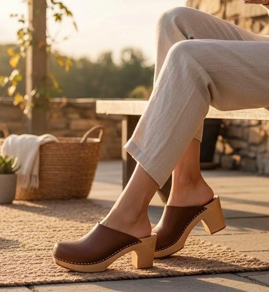 sandały i klapki damskie Drewniaki na obcasie ze skóry naturalnej i drewna