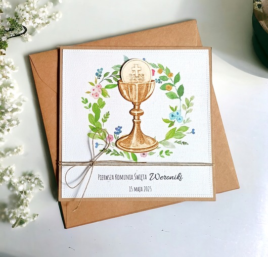 kartki na komunię Kartka, PERSONALIZACJA : I Komunia Święta : kolorowy wianek : hostia 2