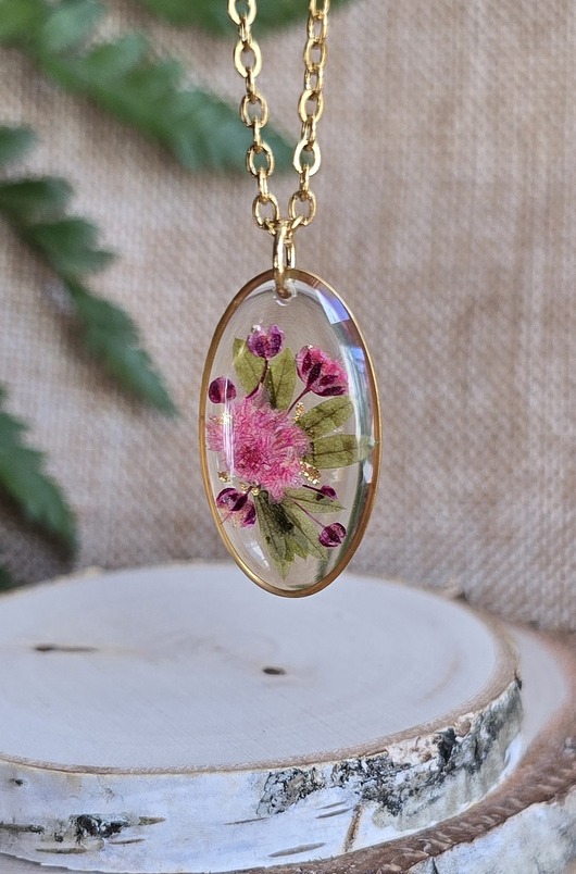 wisiory Złoty wisiorek prawdziwe kwiaty zawieszka różowa rośliny