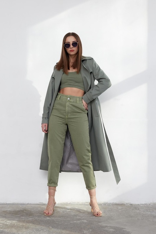 płaszcze damskie Trencz klasyczny z paskiem zielony