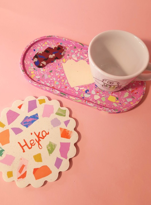 pojemniki na biżuterię Podstawka owalna, kolorowe lastryko, duża taca, różowa, kwiatek