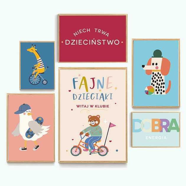 obrazy i plakaty do pokoju dziecięcego Fajne plakaty - zestaw kolorowy zwierzęta hulajnoga rower
