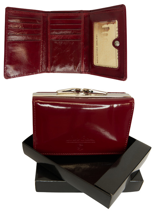 portfele damskie Skórzany portfel damski  z biglem, lakierowany Czerwony