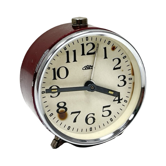 zegary Bordowy budzik mechaniczny PRIM Vintage, SPRAWNY, Czechosłowacja, lat 60.