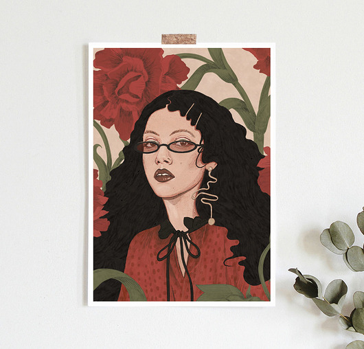 plakaty Women with red flowers  plakat ilustracja