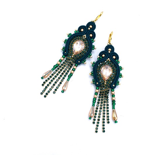 kolczyki soutache Joy kolczyki sutasz złoto zielone błyszczące z cyrkoniami