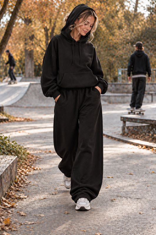 komplety damskie Dres Hoodie + Baggy 2W1 BLACK