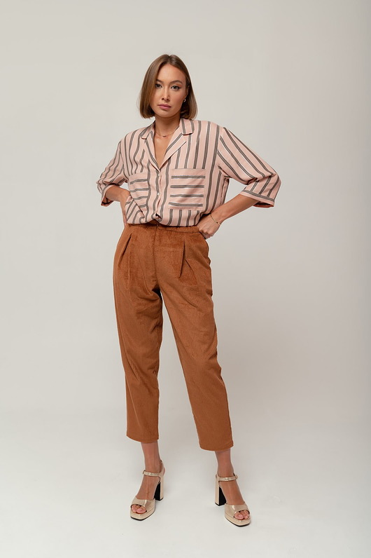 spodnie materiałowe damskie Bawełniane sztruksowe spodnie, CHESTNUT