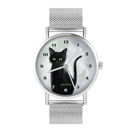 zegarki damskie Zegarek - Czarny kot, cyfry - bransoleta mesh
