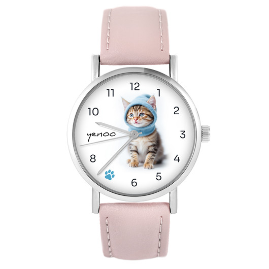 zegarki damskie Zegarek - Kotek - pudrowy róż, skóra