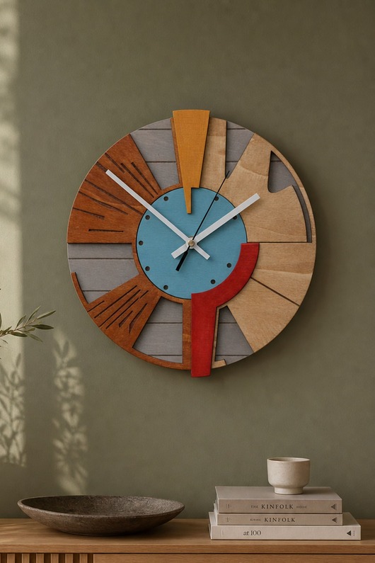 zegary Drewniany Zegar Ścienny DużyGeometryczny /48cm - Cichy Mechanizm