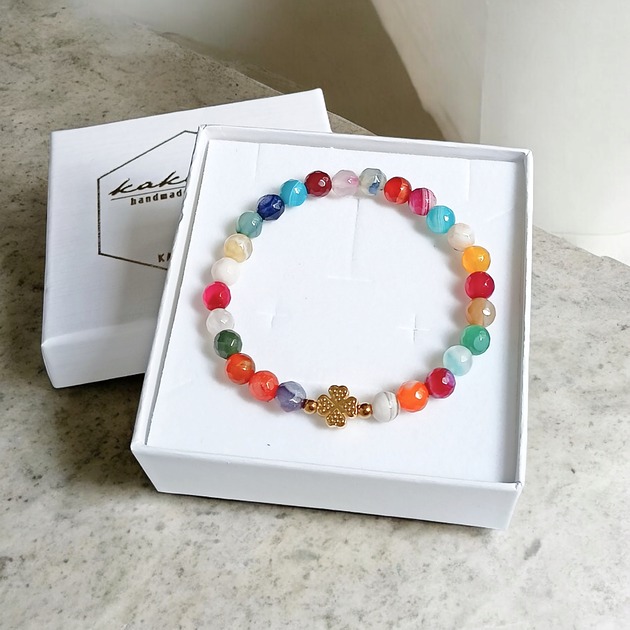 bransoletki z kamieni naturalnych PROMOCJA : czterolistna koniczynka & agat multicolor