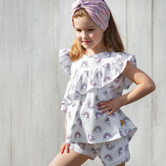 bluzki dla dziewczynki Bluzka RAINBOWKIDS tęczowa z falbanką