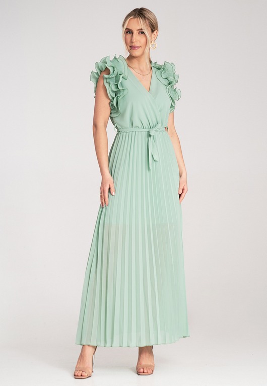 sukienki maxi damskie Elegancka sukienka kopertowa maxi z falbaną na wesele - M1189