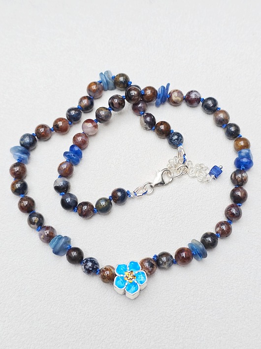 korale Naszyjnik  Supełkowany Niezapominajka Srebro