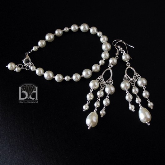 Kremowy komplet perły kryształ Swarovski Black Diamond