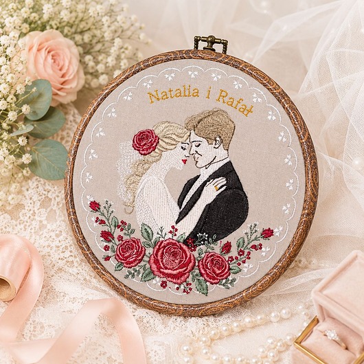 zaproszenia i kartki na ślub Ślubna, indywidualna dedykacja, haft w oprawie vintage