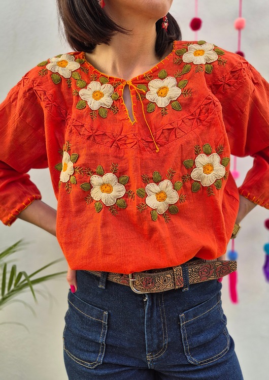 t-shirt damskie Bluzka ręcznie haftowana CAMA Pomarańczowa kwiaty ONE SIZE