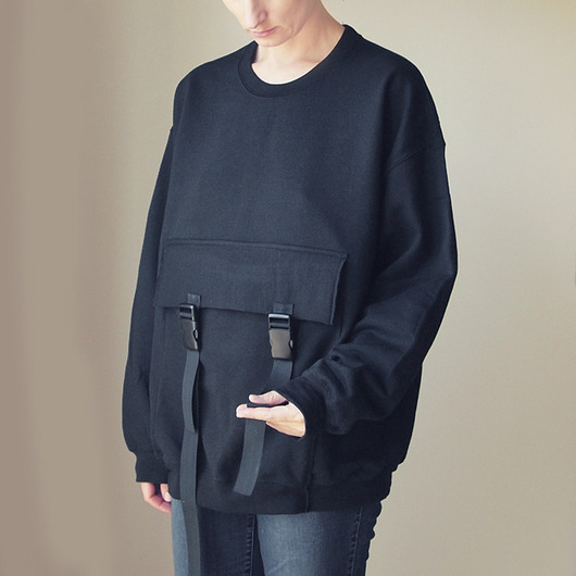 bluza bez kaptura damska Jedna kieszeń czarna obszerna bluza