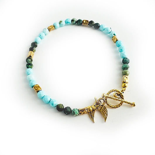 bransoletki z kamieni naturalnych Bransoletka  z kamieni, naturalny turkus, złote skrzydełka