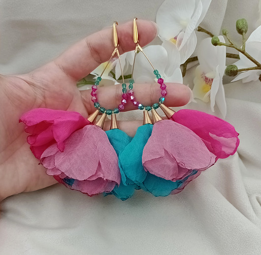 kolczyki chwosty Kolorowe kolczyki chwosty na imprezę, duże kolczyki kwiaty