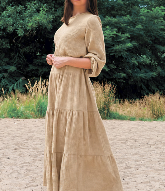 sukienki maxi damskie Eko długa bieżowa muślinowa sukienka Sandra