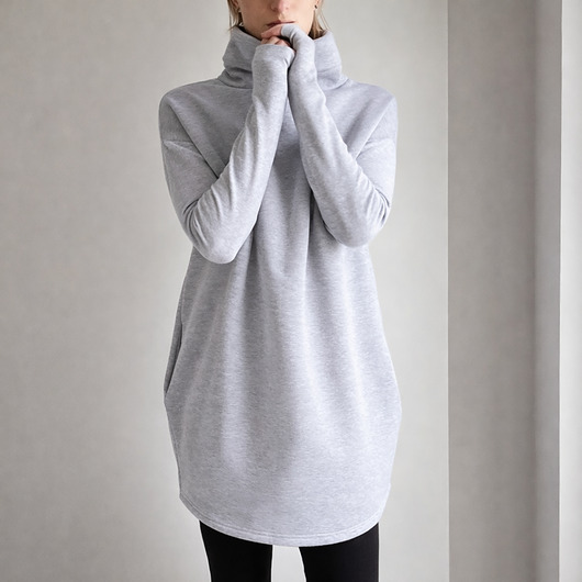 sukienki midi damskie Szara Sukienka Dresowa Midi Wąski rękaw Golf